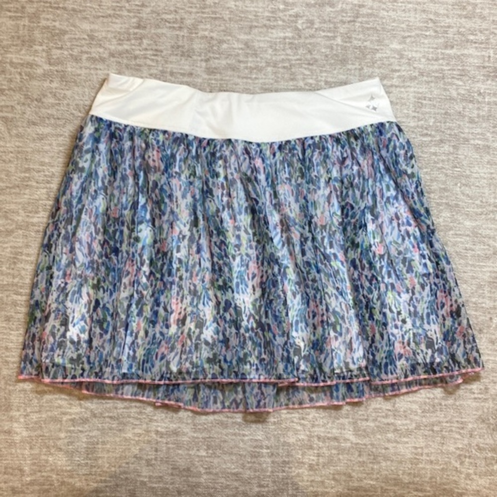 Jofit women's attached shorts underneath blue floral print mini skirt size L